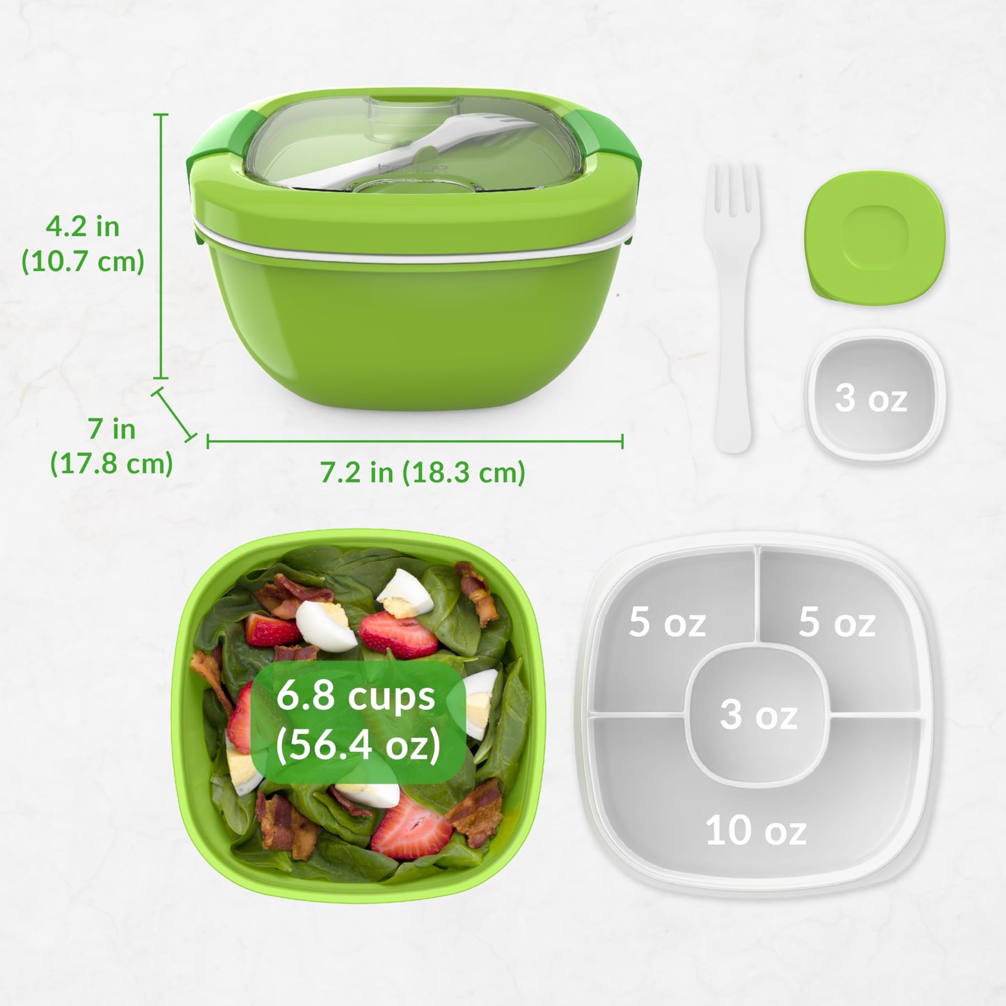 Bentgo Salad Container - 54 oz Bowl with 4-Compartment Toppings Tray, Leak-Proof Dressing Container, Reusable Fork, BPA-Free Lunch Box for Meal Prep & Food Storage; Removable Bento Tray (Slate)