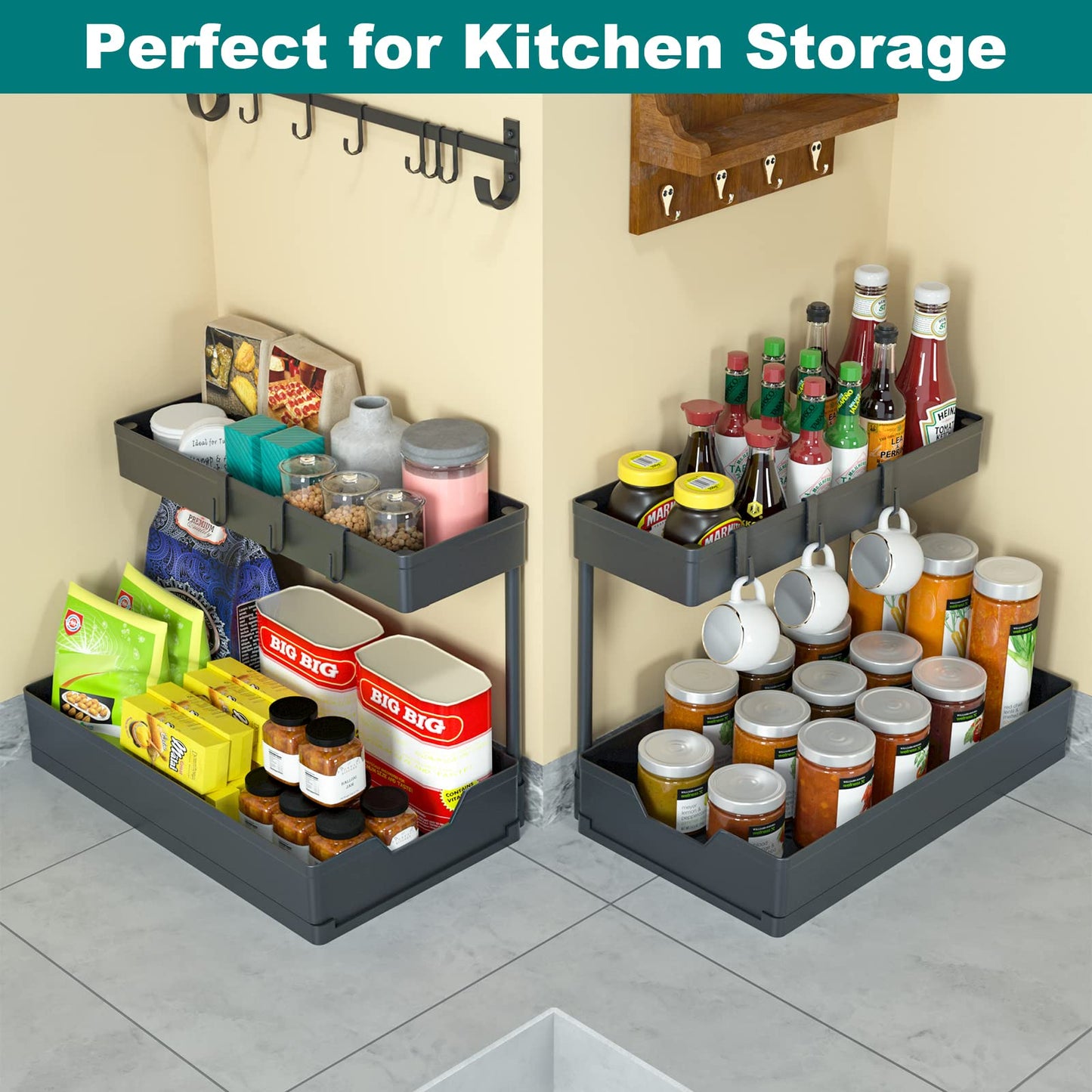 NATURE'S SOURCE 2-Tier Under Sink Organizers, 2 Pack Sliding L-Shape Cabinet Organizers Narrow Space Storage Multi-Purpose Sink Organizer for Bathroom Kitchen Drawer(Black 2)