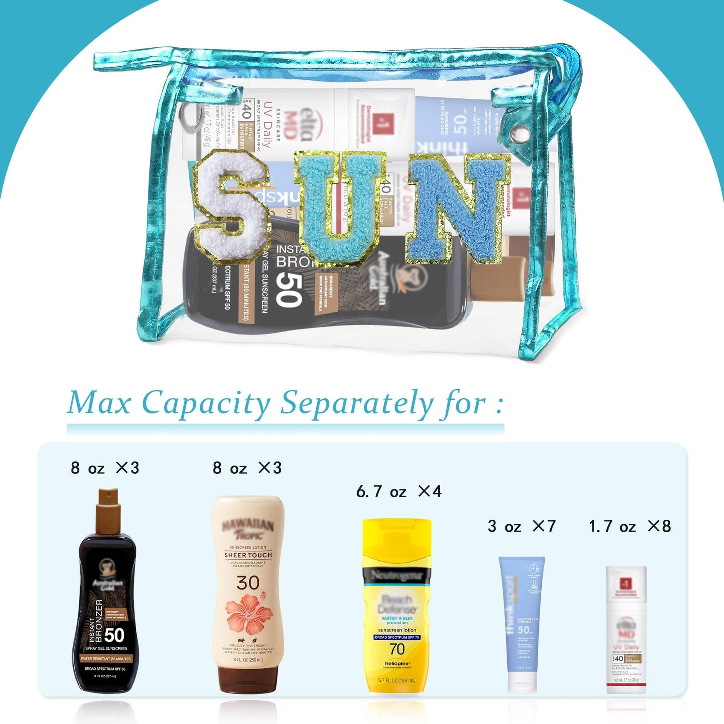 COSHAYSOO Clear Makeup Bag Sunscreen Pouch Beach Vacation Essentials Waterproof Summer Stuff Travel Toiletry Purse for Women Teen Girl Personalized Easter Gifts with Preppy Chenille Letter Blue SUN