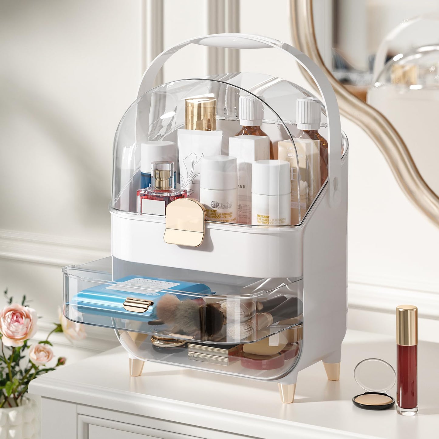 Delamu Makeup Organizer for Vanity, Skincare Organizer with Lid and Drawers, Bathroom Counter Organizer Perfume Makeup Storage, Large Cosmetic Display case for Dresser, Bathroom Countertop, White