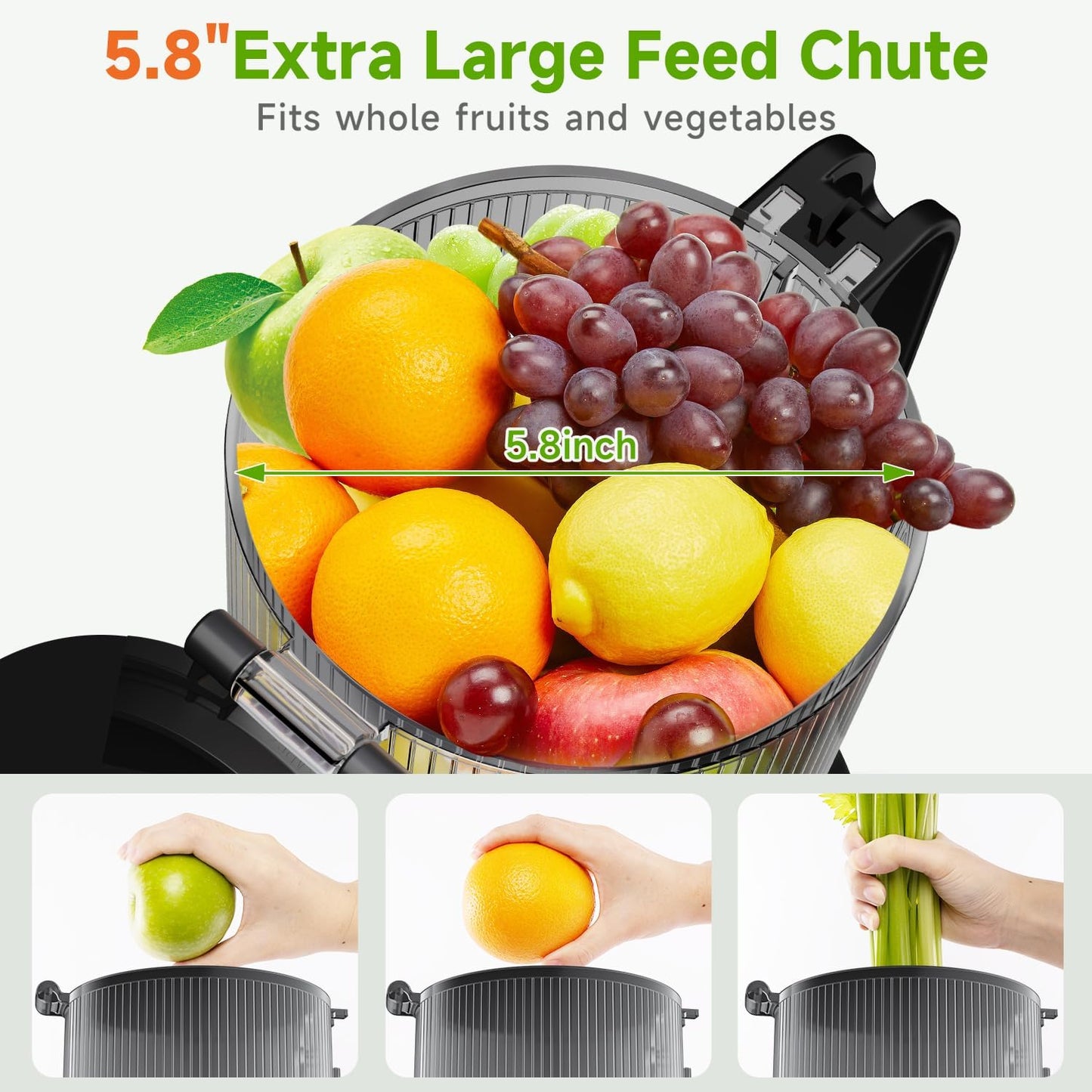 Cold Press Juicer, 5.8" Extra Large Feed Chute Fit Whole Fruits & Vegetables, 350W Slow Masticating Juicer Machines, Easy to Clean, High Juice Yield