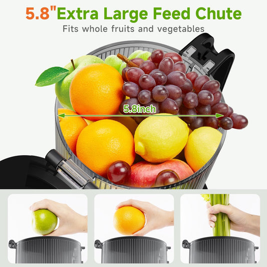 Cold Press Juicer, 5.8" Extra Large Feed Chute Fit Whole Fruits & Vegetables, 350W Slow Masticating Juicer Machines, Easy to Clean, High Juice Yield