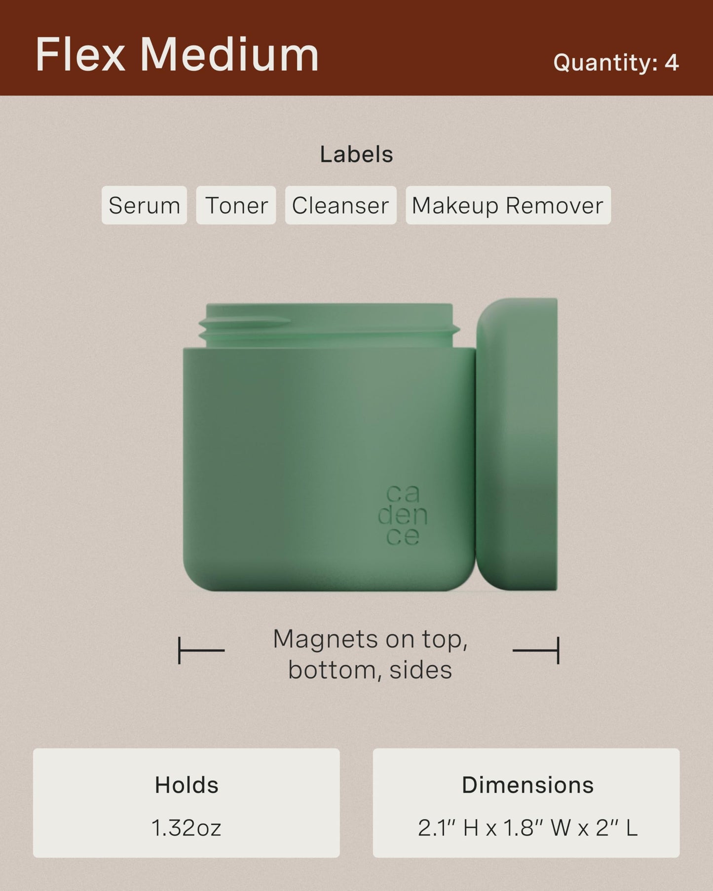 Cadence Travel Containers - Basic Skincare Set - Magnetic Travel Capsules - For Facial Cleanser, Moisturizer, Sunscreen - 3 Small Capsules (0.56oz) with Cleanser, Moisturizer & Sun-Icon Labels - Petal