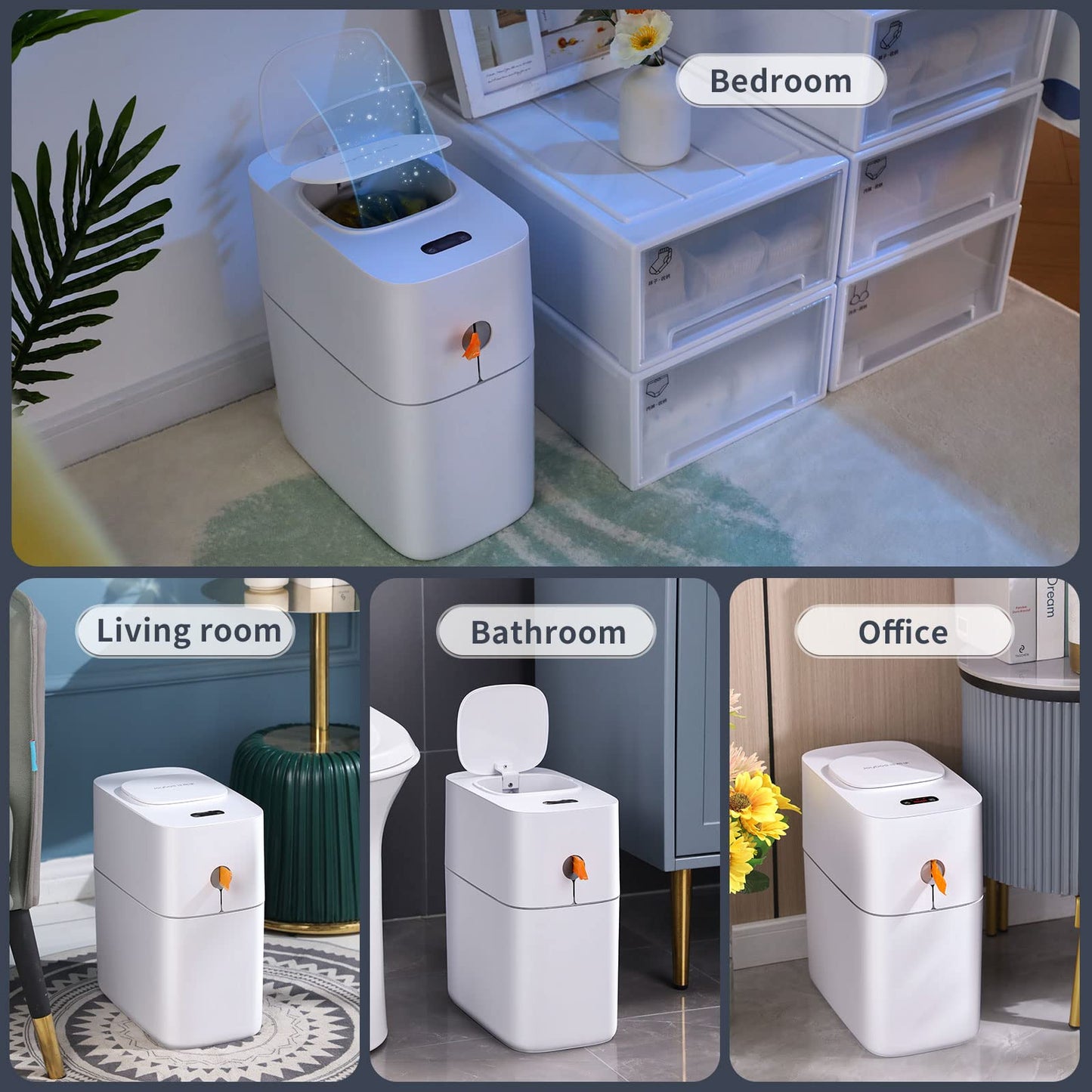 MOPUP Touchless Bathroom Trash Can, Automatic Garbage Can for Bedroom,Office Motion Sensor Trash Bin,3.5 Gallon Dogproof Plastic Slim Wastebasket for Toilet, RV,Living Room, White