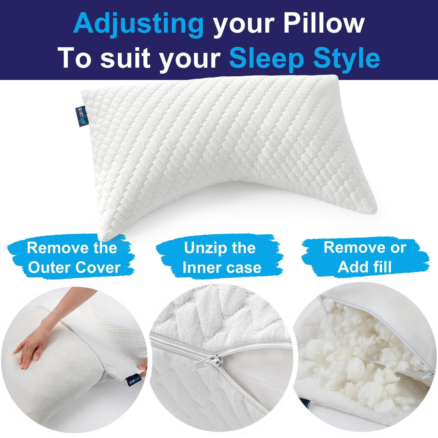 Sidney Sleep Adjustable Curved Contour Fill Pillow – Queen Size – for Side and Back Sleepers – Neck & Shoulder Comfort Support – Extra Fill Included (White)