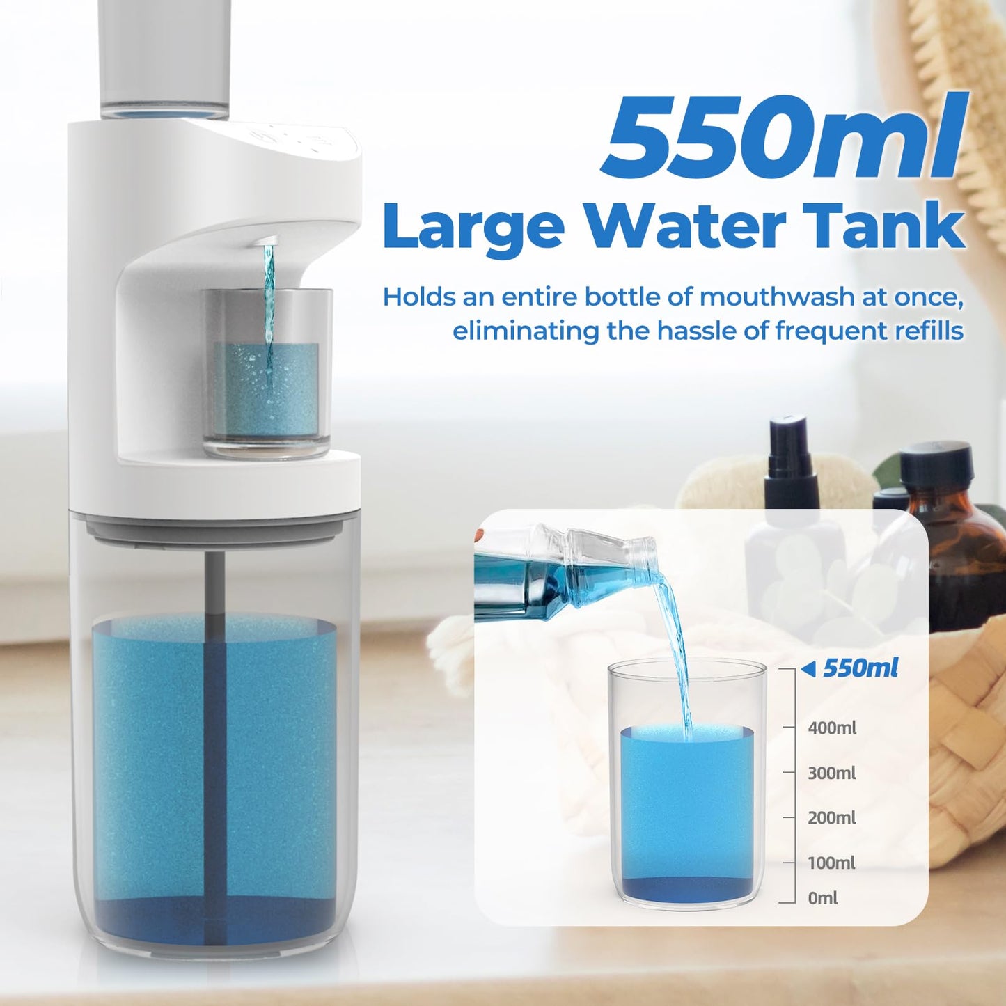 Automatic Mouthwash Dispenser, 550ml (19.35 Oz) Mouthwash Dispenser for Bathroom with Magnetic Cups, 3 Dispensing Levels, Long Standby Time White