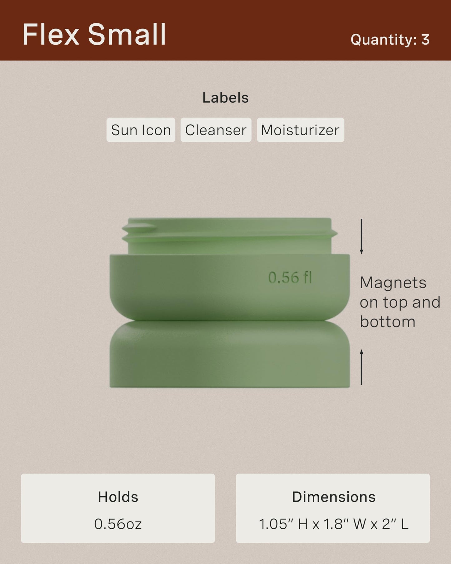 Cadence Travel Containers - Basic Skincare Set - Magnetic Travel Capsules - For Facial Cleanser, Moisturizer, Sunscreen - 3 Small Capsules (0.56oz) with Cleanser, Moisturizer & Sun-Icon Labels - Petal