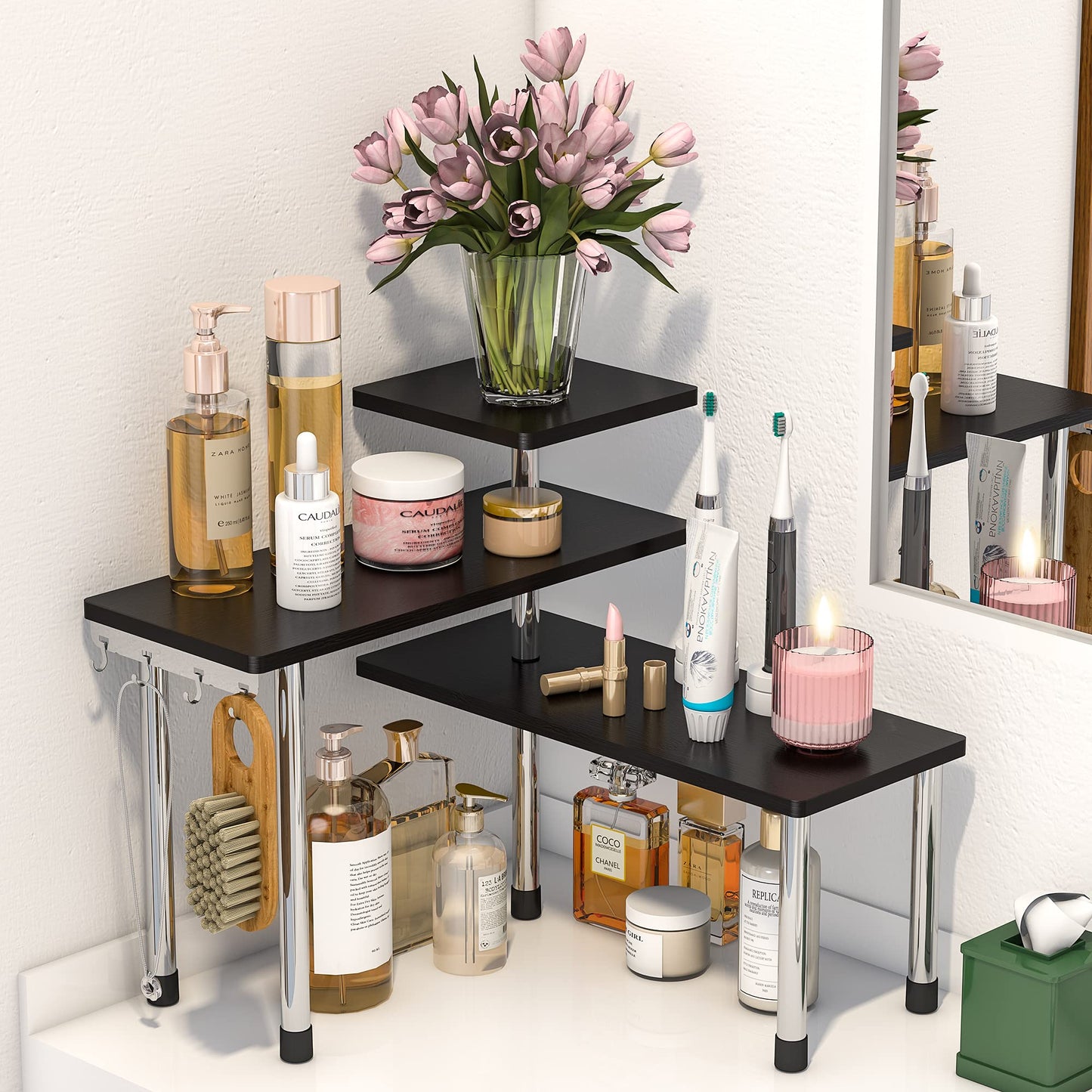 ZHWS Bathroom Counter Organizer Corner Countertop Shelf Adjustable 3 Tier Corner Shelf Kitchen Counter Organizer with 4 Metal Hooks for Bathroom Counter, Makeups, Dresser Table, Over Sink