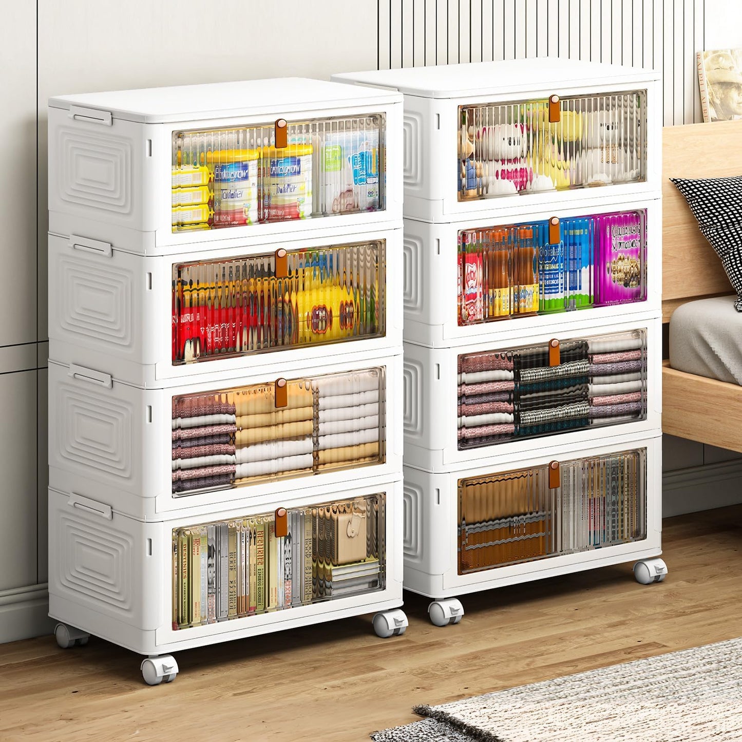 4 Tier Plastic Storage Bins with Lid 23QT, Stackable Storage Containers with Wheels, Folding Storage Boxes, Stackable Storage Bins, Closet Organizers and Storage for Living Room,Office,Dorm