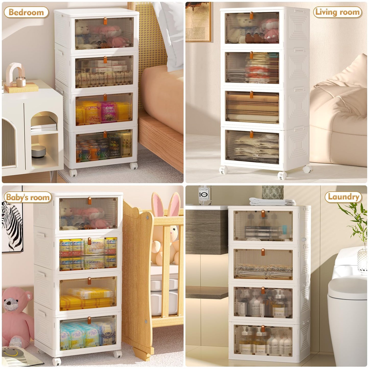 4 Tier Plastic Storage Bins with Lid 23QT, Stackable Storage Containers with Wheels, Folding Storage Boxes, Stackable Storage Bins, Closet Organizers and Storage for Living Room,Office,Dorm