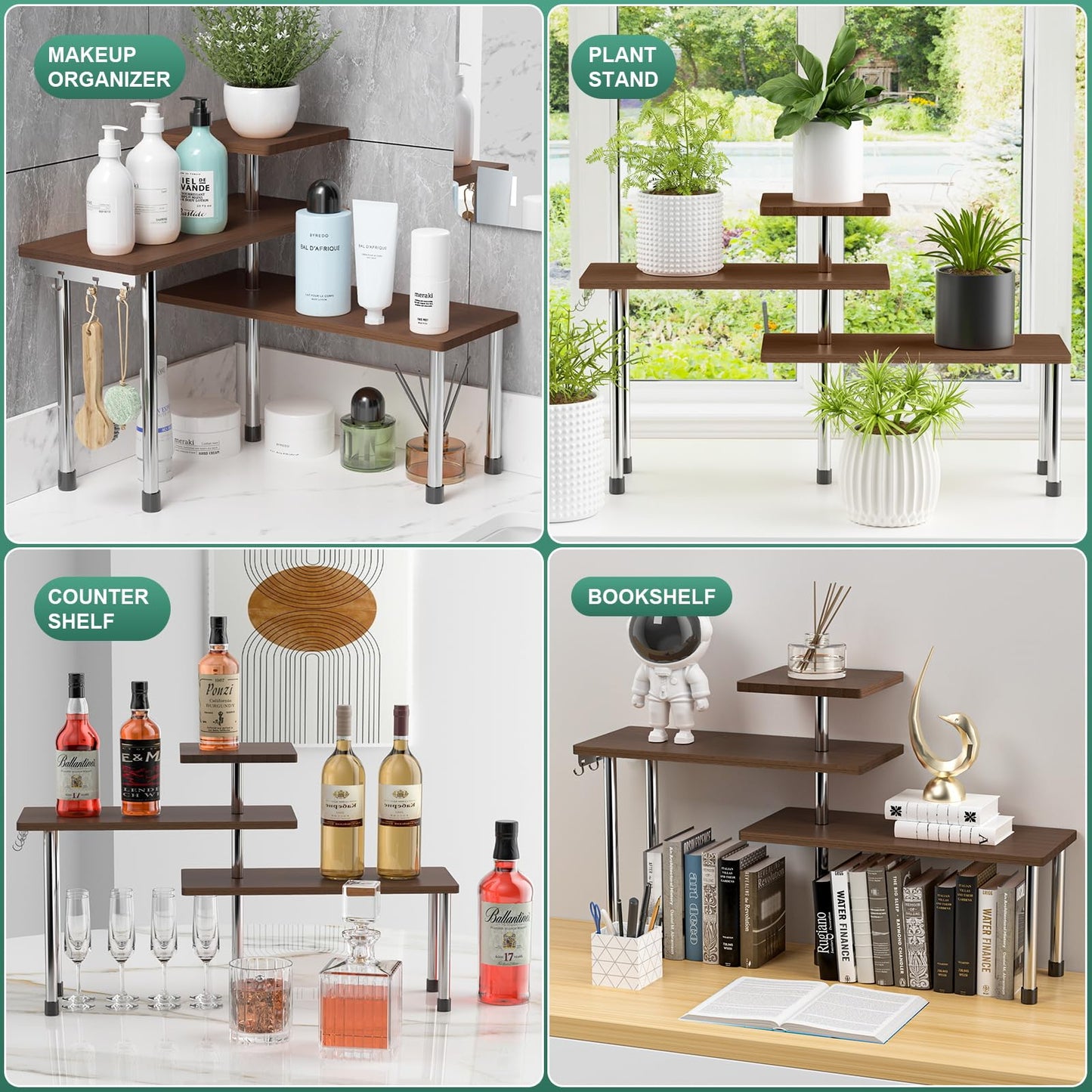 ZHWS Bathroom Counter Organizer Corner Countertop Shelf Adjustable 3 Tier Corner Shelf Kitchen Counter Organizer with 4 Metal Hooks for Bathroom Counter, Makeups, Dresser Table, Over Sink