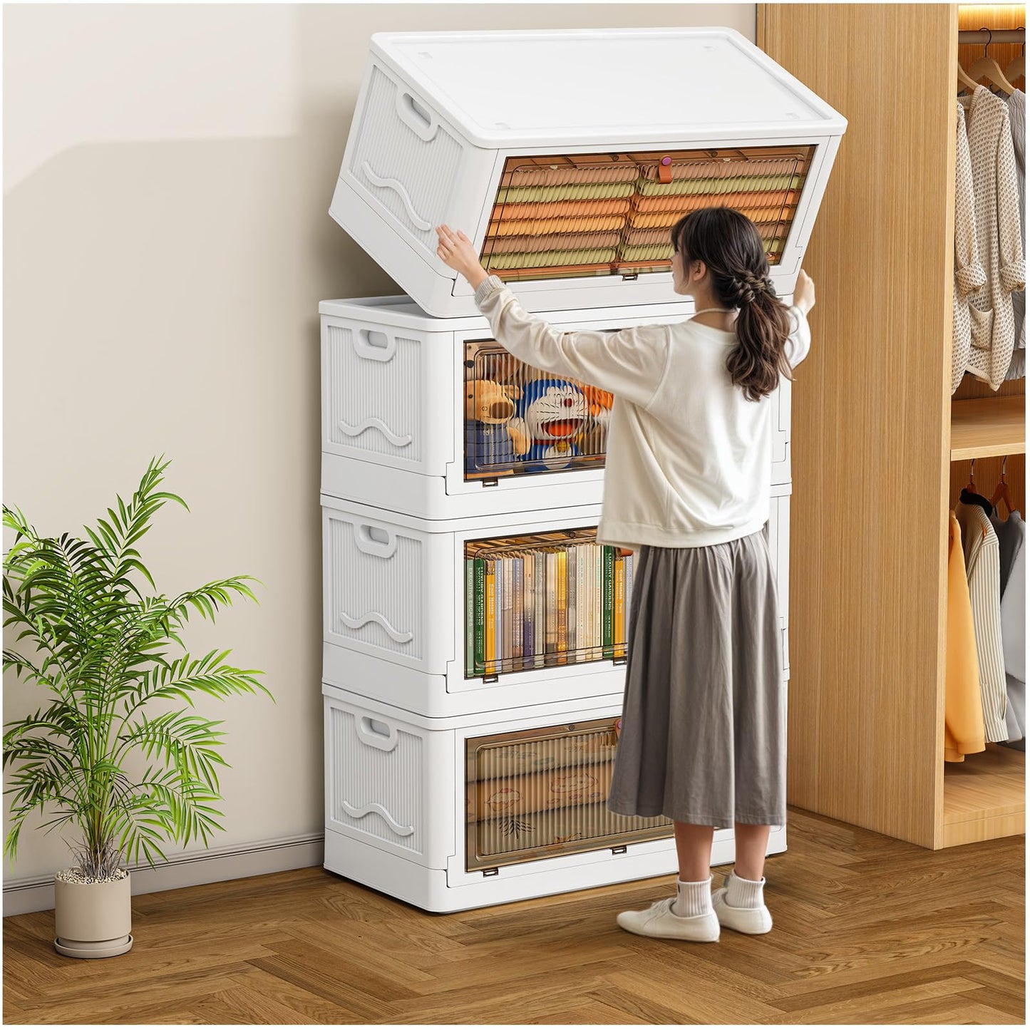 4 Tier Plastic Storage Bins with Lid 23QT, Stackable Storage Containers with Wheels, Folding Storage Boxes, Stackable Storage Bins, Closet Organizers and Storage for Living Room,Office,Dorm