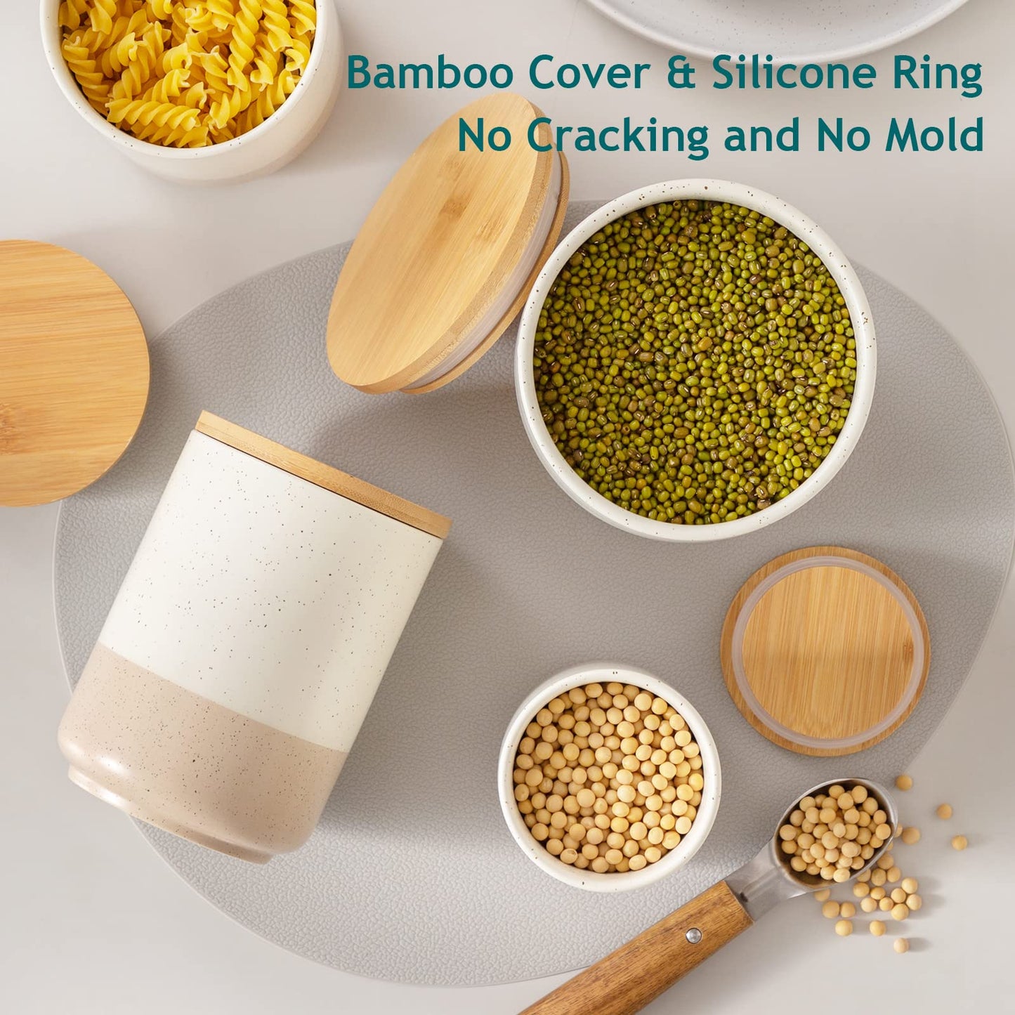 vancasso Sabine Ceramic Canister Set with Airtight Wood Lids - 3-Piece Kitchen Storage for Flour, Sugar, Coffee, Tea & Spices - Modern Countertop Decor