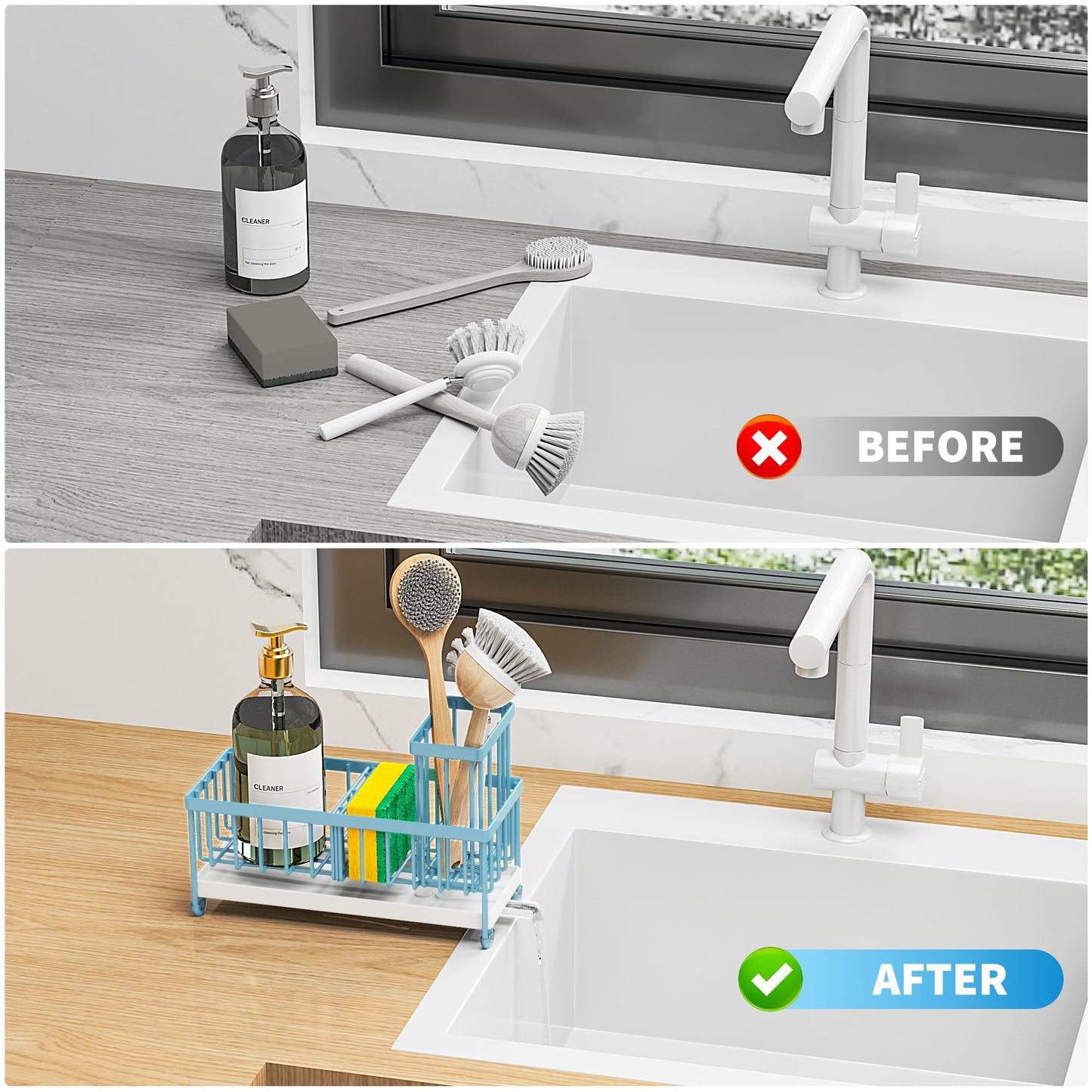 Cisily Black Sponge Holder for Kitchen Sink, Sink Caddy Organizer with High Brush Holder, Kitchen Countertop Organizers and Storage Essentials, Rustproof 304 Stainless Steel, Soap Dispenser Organize