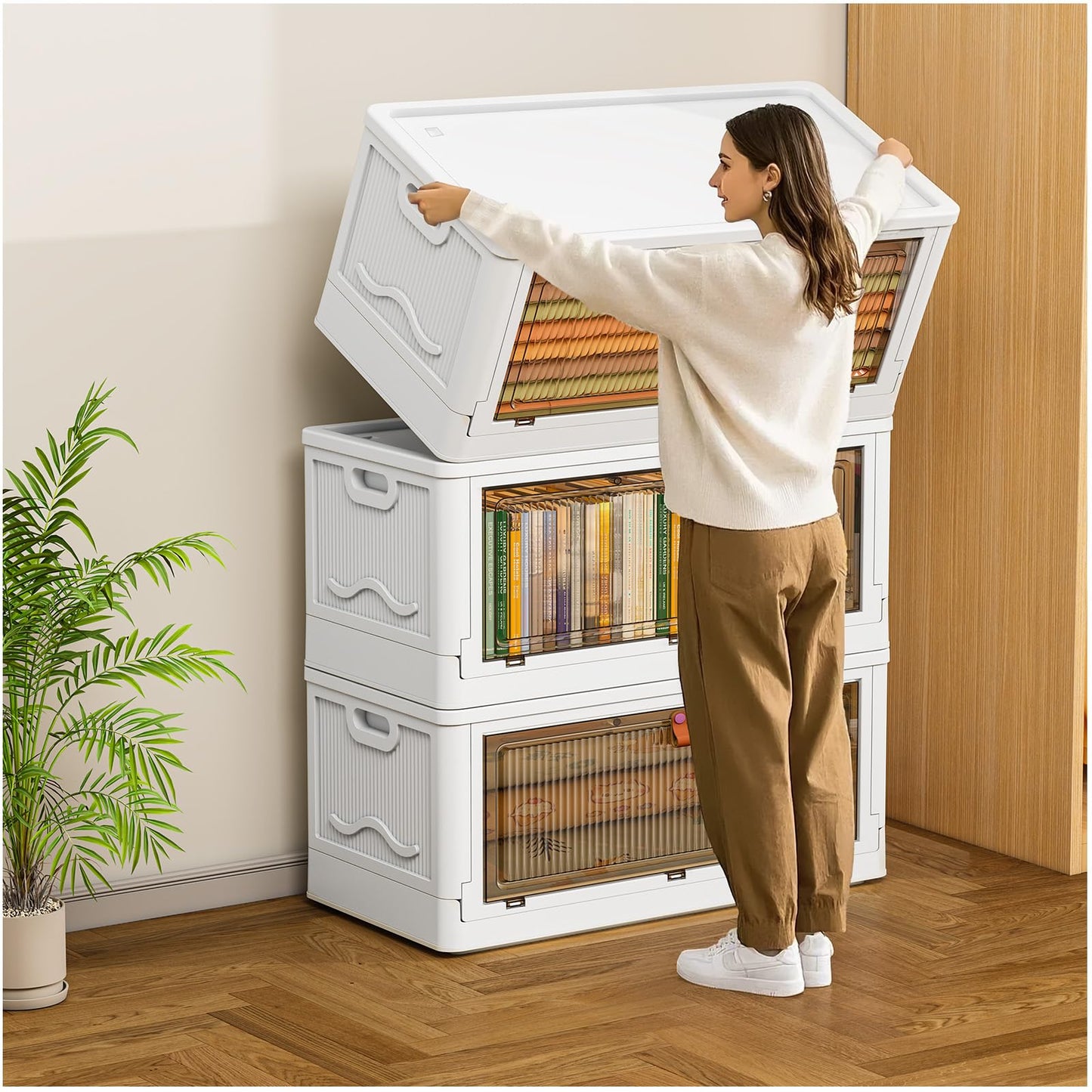 4 Tier Plastic Storage Bins with Lid 23QT, Stackable Storage Containers with Wheels, Folding Storage Boxes, Stackable Storage Bins, Closet Organizers and Storage for Living Room,Office,Dorm