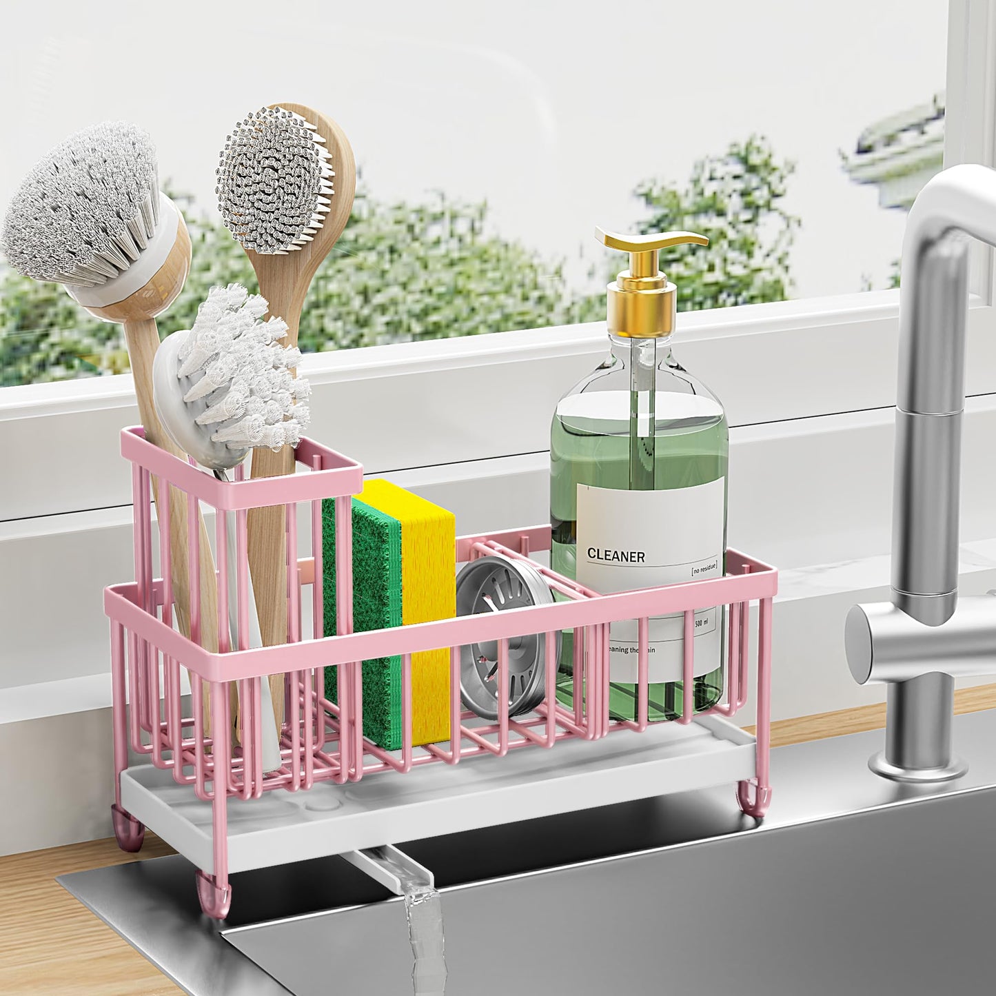 Cisily Black Sponge Holder for Kitchen Sink, Sink Caddy Organizer with High Brush Holder, Kitchen Countertop Organizers and Storage Essentials, Rustproof 304 Stainless Steel, Soap Dispenser Organize