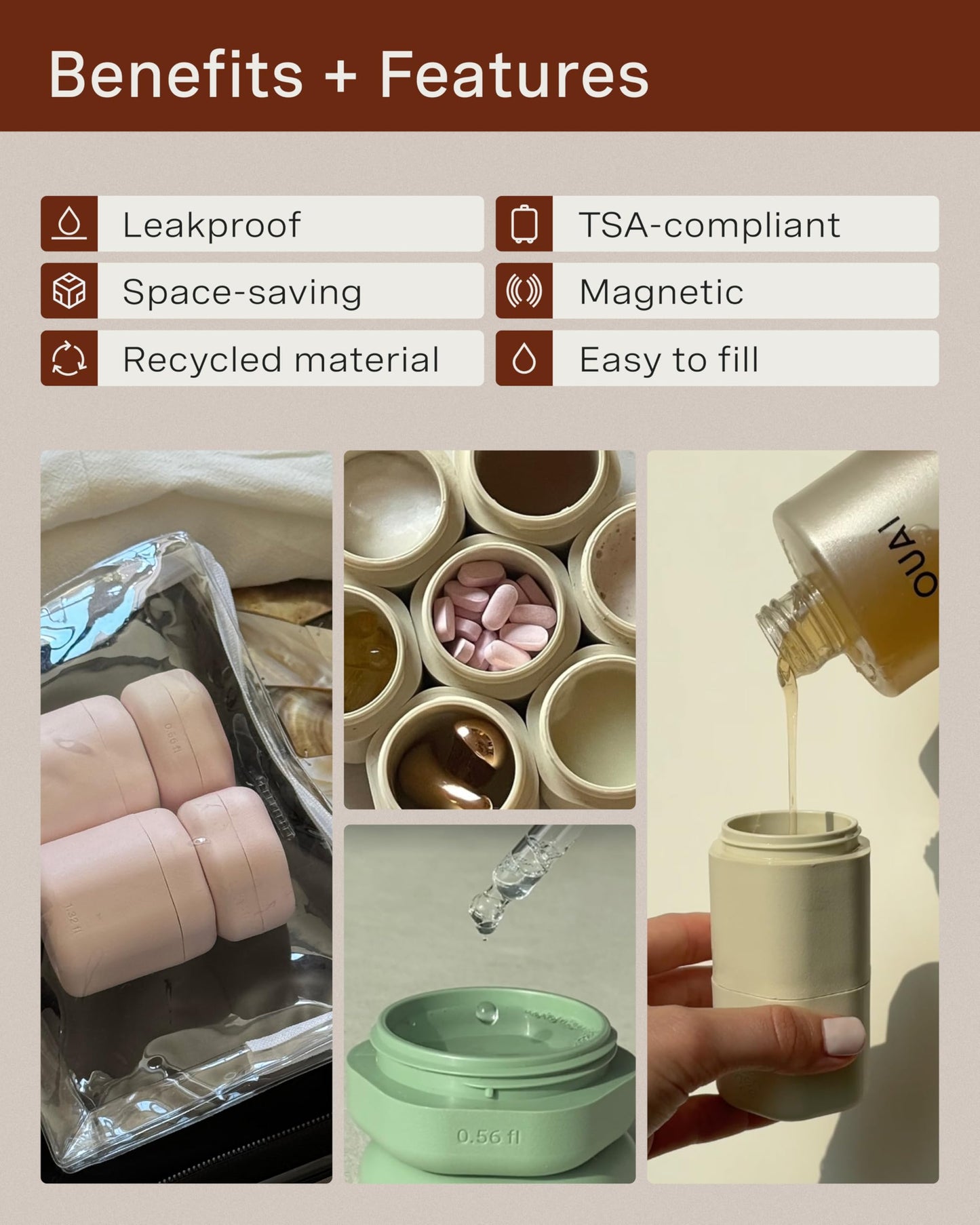 Cadence Travel Containers - Basic Skincare Set - Magnetic Travel Capsules - For Facial Cleanser, Moisturizer, Sunscreen - 3 Small Capsules (0.56oz) with Cleanser, Moisturizer & Sun-Icon Labels - Petal