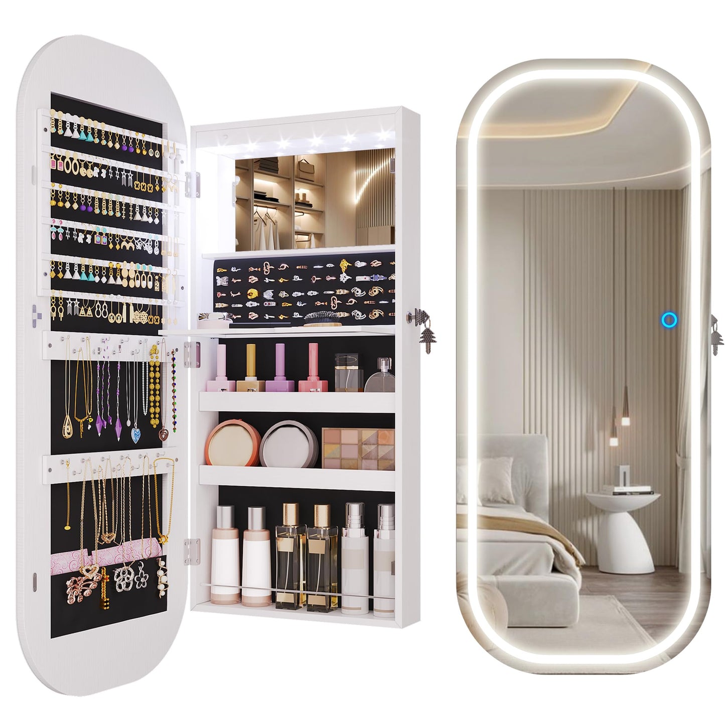 LVSOMT LED Mirror Jewelry Cabinet, Wall Mount/Over the Door Jewelry Armoire Organizer, Rounded Mirror with Storage, Foldable Shelf, Lockable Jewelry Cabinet,16" Wide,Interior Mirror, White