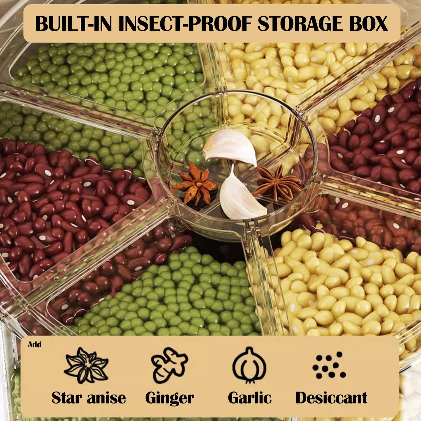 Enforose 25Lbs Cereal Dispenser,360 Degree Rotating Grain Storage Dispenser Box,6 Compartment PP Plastic Dry Food Dispenser,Rice Dispenser for Kitchen Soybean Corn (medium-white)