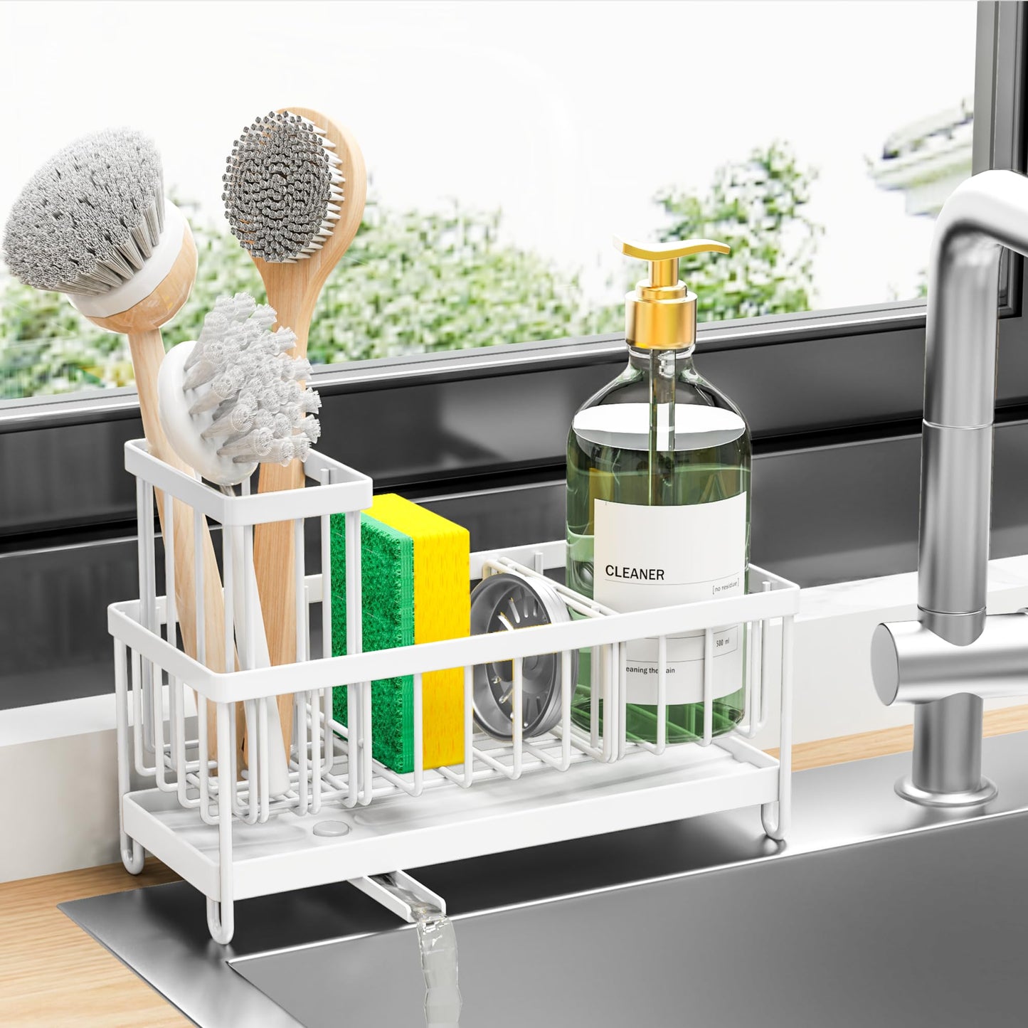 Cisily Black Sponge Holder for Kitchen Sink, Sink Caddy Organizer with High Brush Holder, Kitchen Countertop Organizers and Storage Essentials, Rustproof 304 Stainless Steel, Soap Dispenser Organize