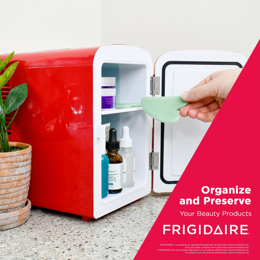 Frigidaire Red Mini Personal Fridge Cooler, 1 Gal Capacity fits Six Cans, Includes Plugs for Home Outlet & DC Charger - 9.84" D x 7.09" W x 10.35" H