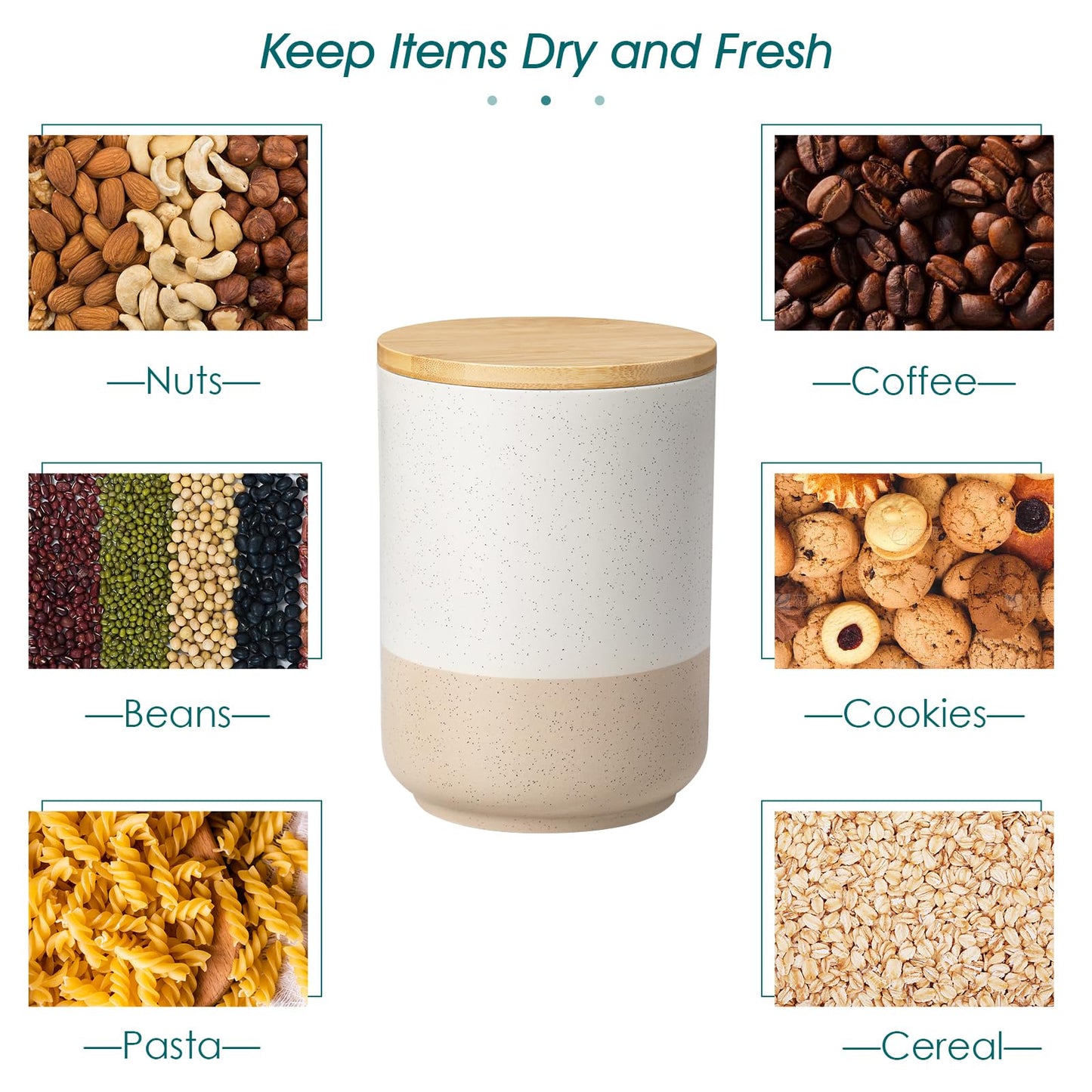 vancasso Sabine Ceramic Canister Set with Airtight Wood Lids - 3-Piece Kitchen Storage for Flour, Sugar, Coffee, Tea & Spices - Modern Countertop Decor