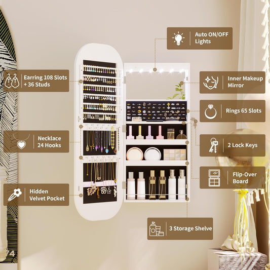 LVSOMT LED Mirror Jewelry Cabinet, Wall Mount/Over the Door Jewelry Armoire Organizer, Rounded Mirror with Storage, Foldable Shelf, Lockable Jewelry Cabinet,16" Wide,Interior Mirror, White