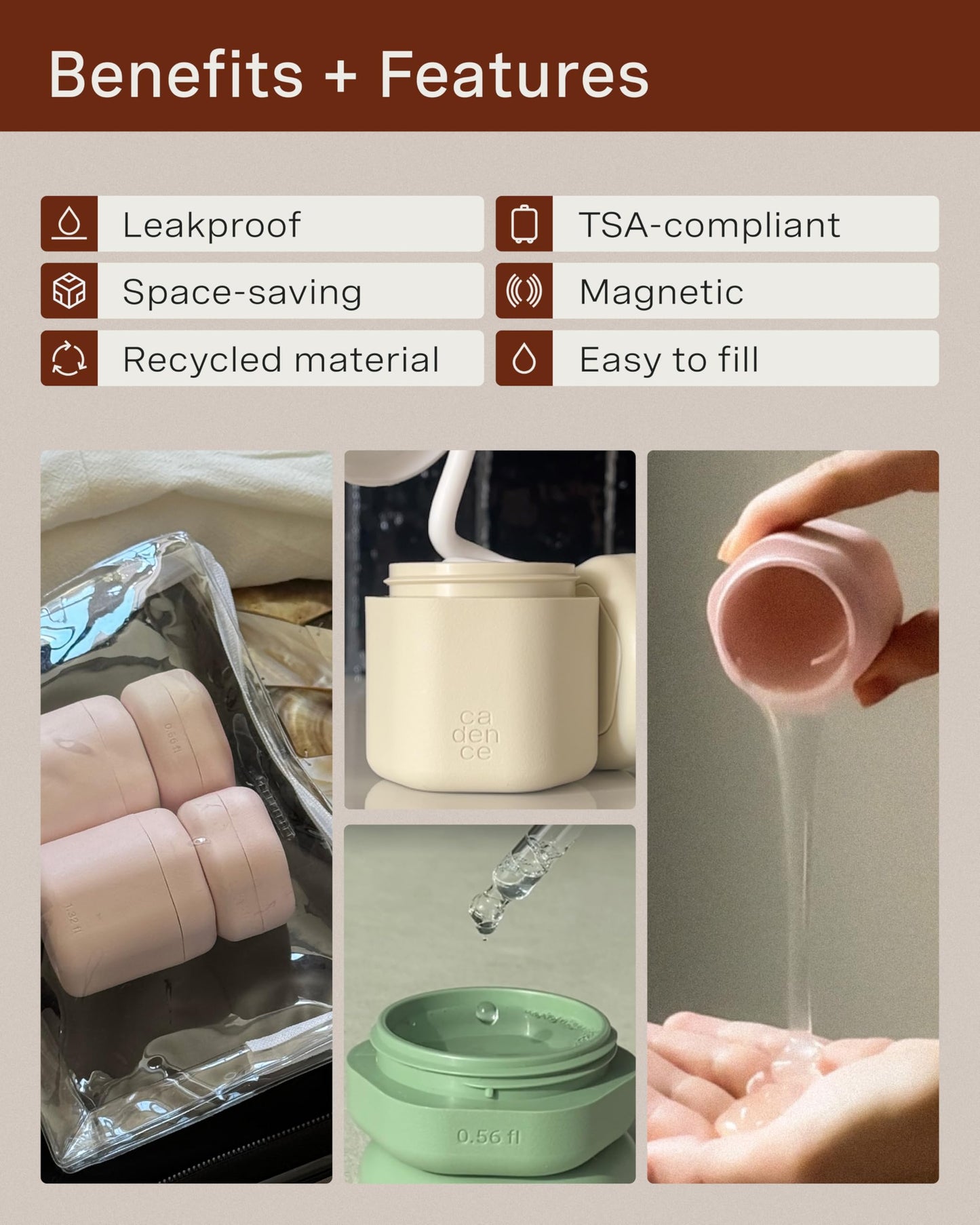 Cadence Travel Containers - Basic Skincare Set - Magnetic Travel Capsules - For Facial Cleanser, Moisturizer, Sunscreen - 3 Small Capsules (0.56oz) with Cleanser, Moisturizer & Sun-Icon Labels - Petal