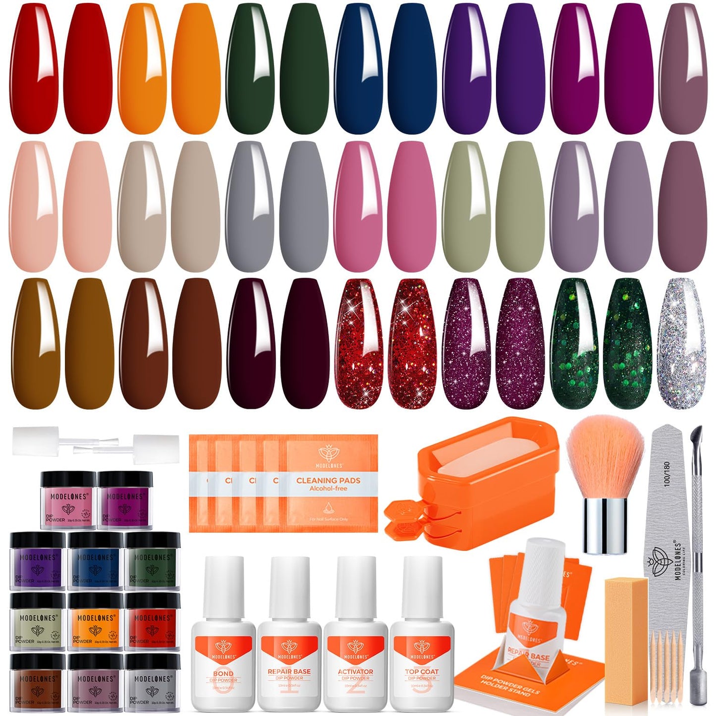 Modelones Dip Powder Nail Kit Starter, 20 Colors Purple Pink Orange Blue Dipping Powder Liquid Set Base&Top Activator for French Nail Art Salon DIY Kit
