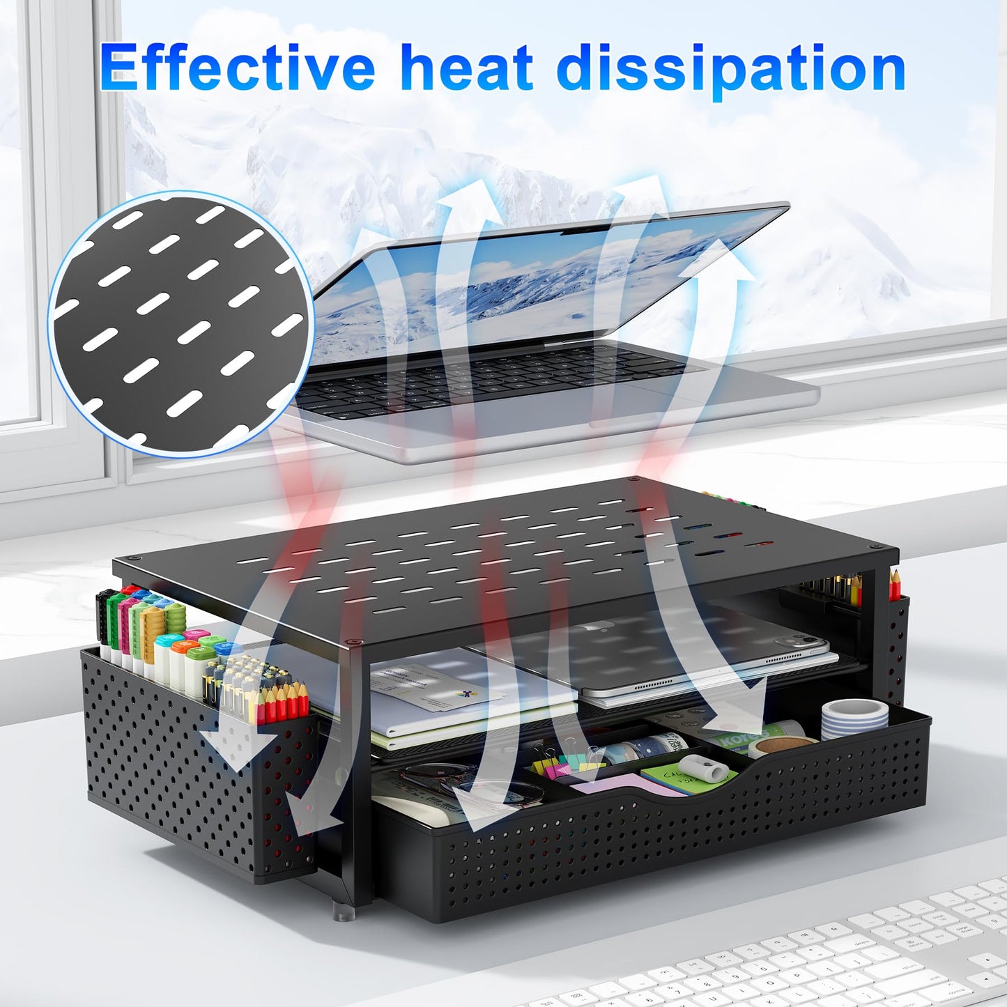 gianotter Desk Organizers and Accessories, Monitor Stand with Drawer and 2 Pen Holder, Desktop Organizer Suitable for Offices and Dormitories (Black)