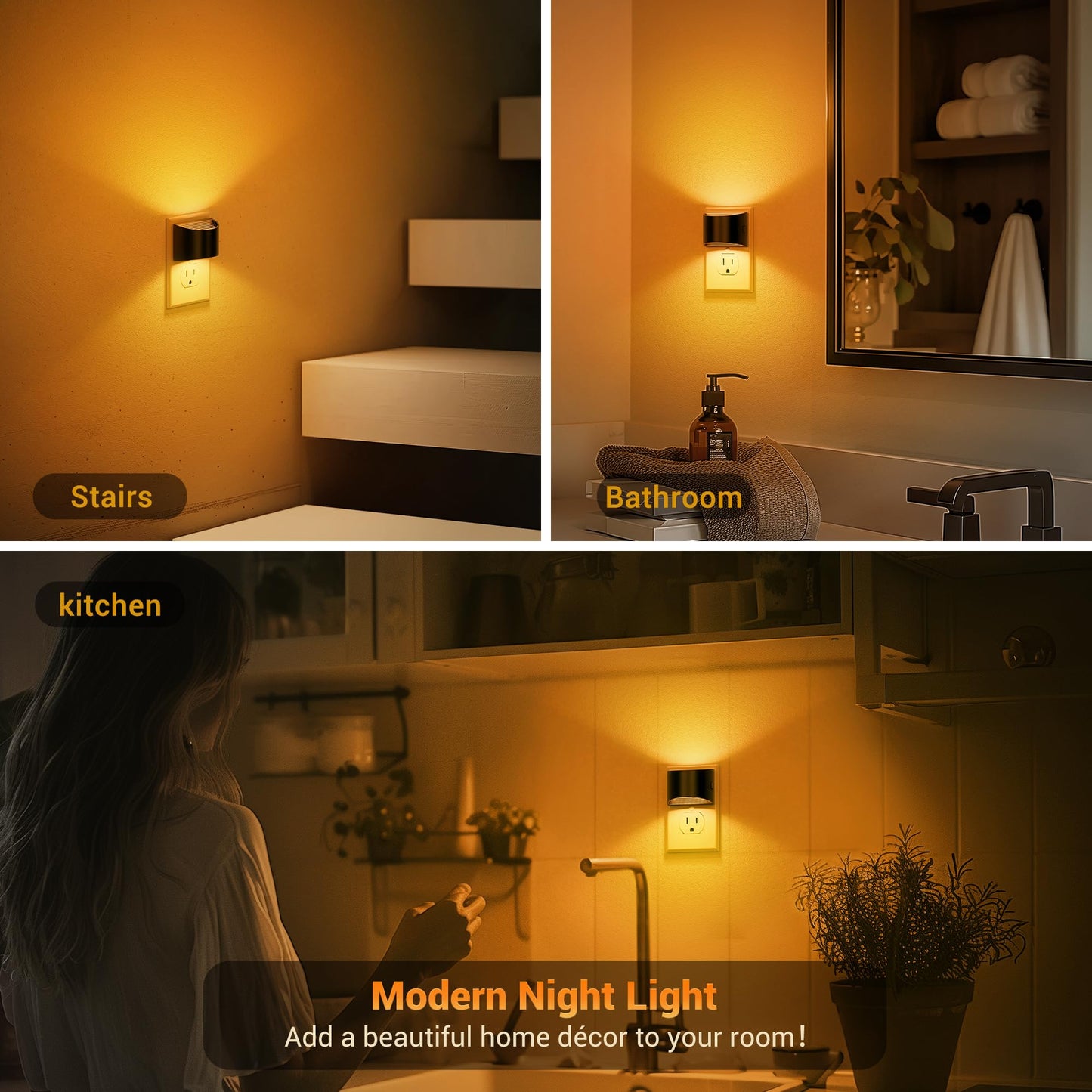 JandCase Night Light, Modern Night Lights Plug into Wall,2 Pack Dusk to Dawn Sensor Nightlight, Amber Brightness Adjustable Nightlight for Kids Bathroom Hallway Kitchen Bedroom Decor
