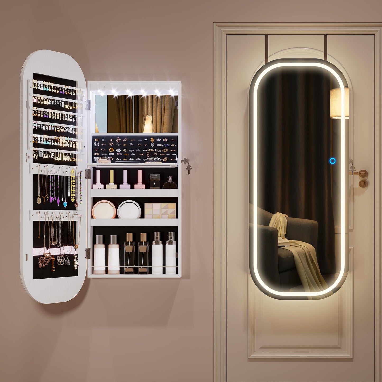 LVSOMT LED Mirror Jewelry Cabinet, Wall Mount/Over the Door Jewelry Armoire Organizer, Rounded Mirror with Storage, Foldable Shelf, Lockable Jewelry Cabinet,16" Wide,Interior Mirror, White