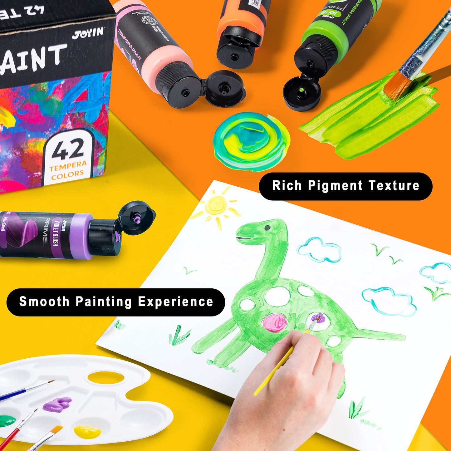 JOYIN Washable Tempera Paint Set for Kids 42PCS, Non Toxic Liquid Paint with 15 Brushes and 4 Palettes - Art Supply for Kids for Arts and Crafts Project, Finger Painting (2 oz Each)