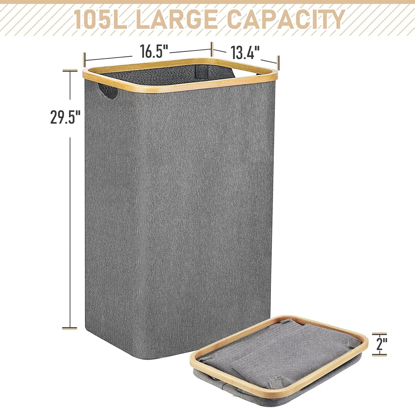 Gallelife Laundry Basket, Tall Laundry Hamper with Handle, 105 Liters Large Hampers, Collapsible Laundry Baskets for Bedroom, Laundry Bin for Bathroom, Laundry Room Gray 2 Pack