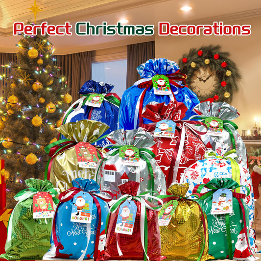 38PCS Christmas Drawstring Gift Bags Assorted Size Small Medium Large, Holiday Xmas Presents Wrapping Bags with Tags