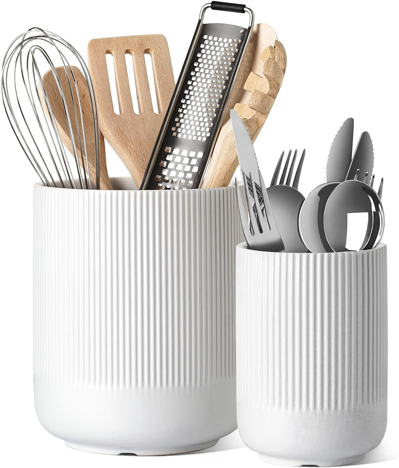 Utensil Holder, 7.3"+5.4" Ceramic Kitchen Utensil Holder for Countertop, Large Cooking Utensil Crocks for Kitchen Counter Decor, Morden Utensil Organizer for Spatula, Set of 2, White