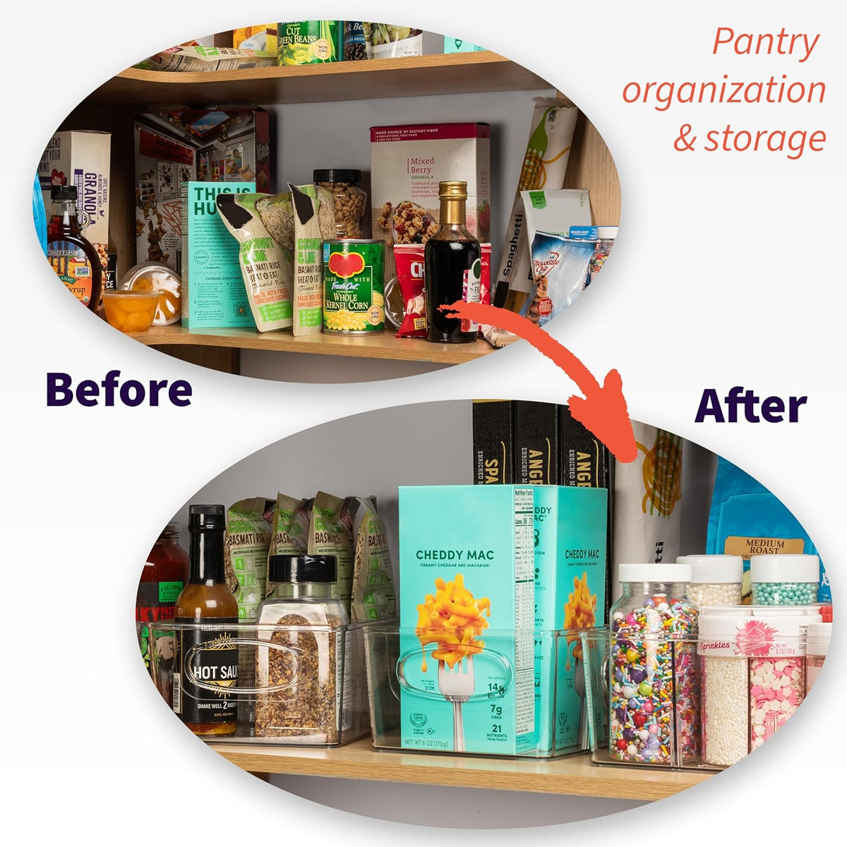 Plastic Pantry Organization and Storage Bins with Removable Dividers – Perfect Kitchen Organization or Kitchen Storage – Refrigerator Organizer Bins, Cabinet Organizers (2 Pack)