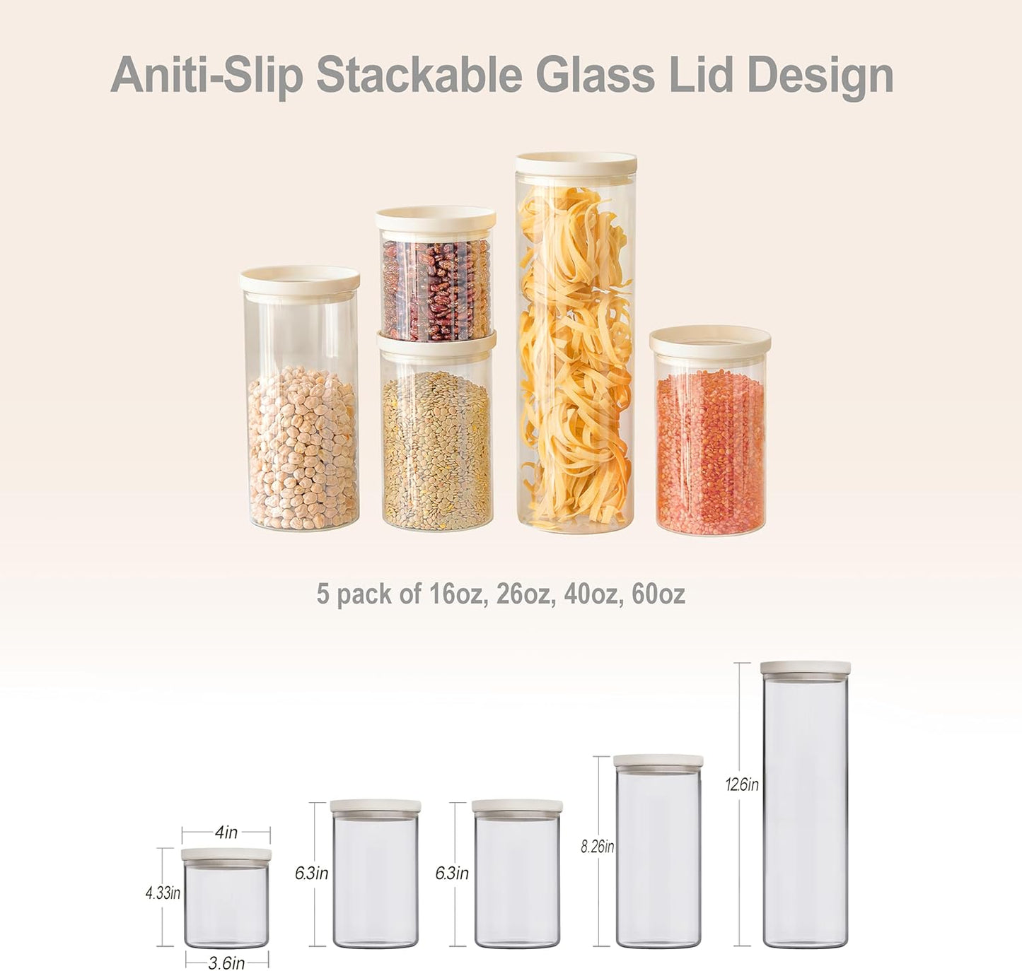 Glass Food Storage Jar with Glass Lid, Food Canister Set with Airtight Lids, Pantry Jars for Kitchen Organization, Food Storage Containers in Set of 5