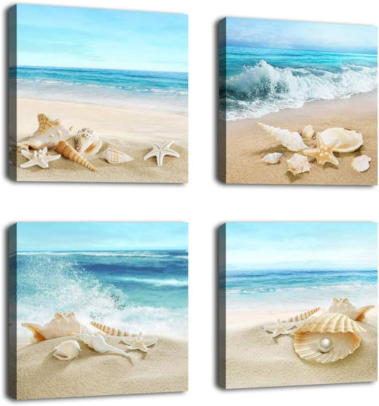 Canvas Wall Art Ocean Decor Beach Seashell Starfish Nature Picture Blue Canvas Artwork Turquoise Contemporary Wall Art for Bathroom Bedroom Living Room Office Kitchen Wall Decor 16" X 16" X 4 Pieces