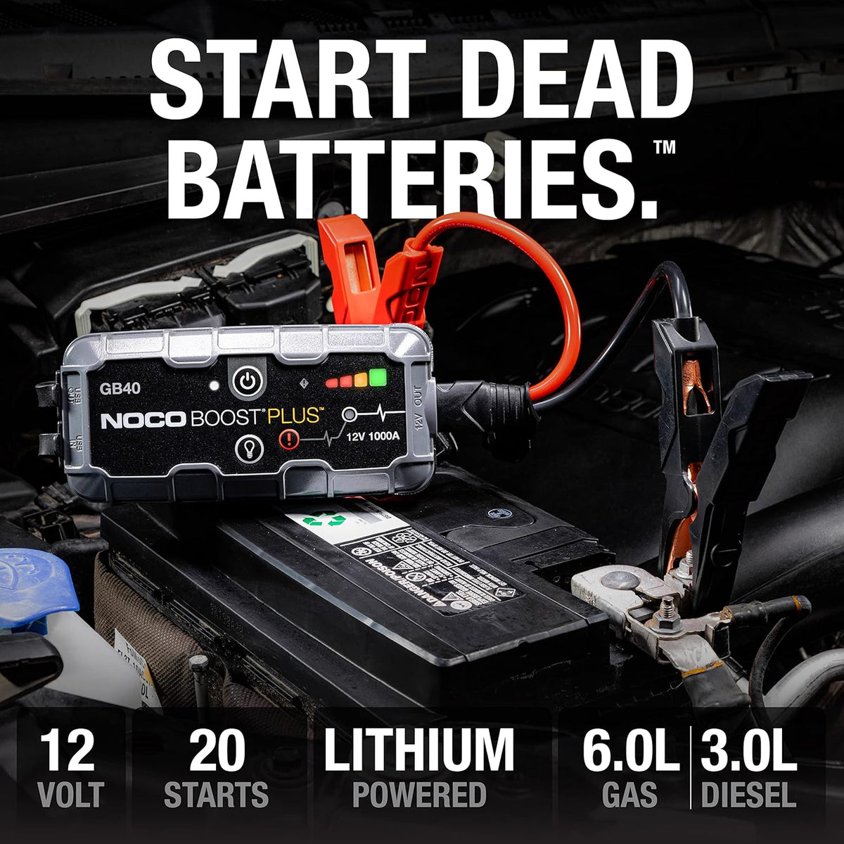 Boost GB40: 1000A Ultrasafe Jump Starter – 12V Lithium Battery Booster Pack, Portable Jump Box, Power Bank & Jumper Cables - for 6.0L Gas and 3.0L Diesel Engines