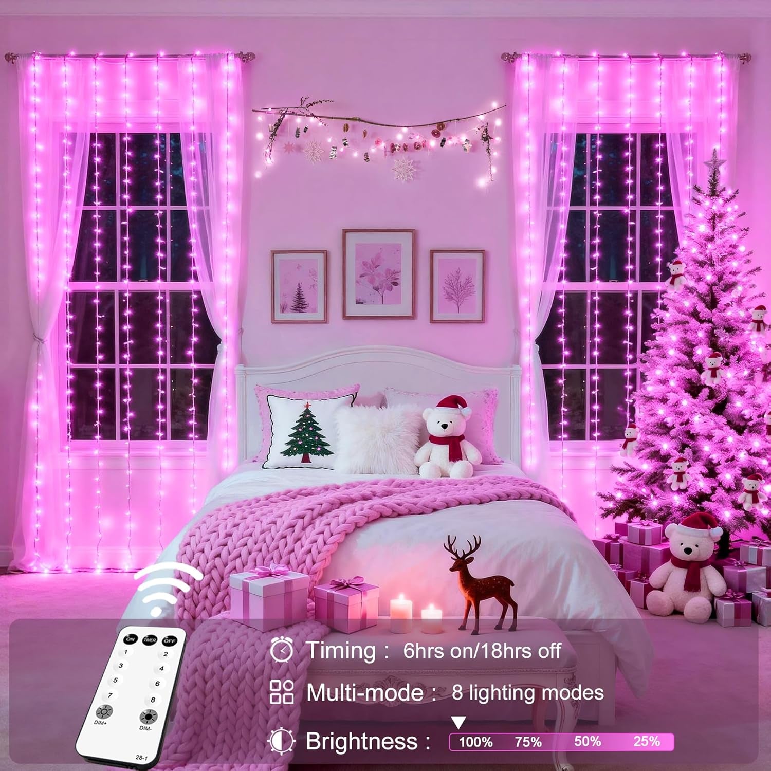 300 LED Pink Curtain Lights Plug in with Remote, 9.8X9.8Ft Pink Valentine Lights Lights Indoor, 8 Modes Christmas String Lights for Bedroom Window Wall Party Proposal Valentine'S Day Decor